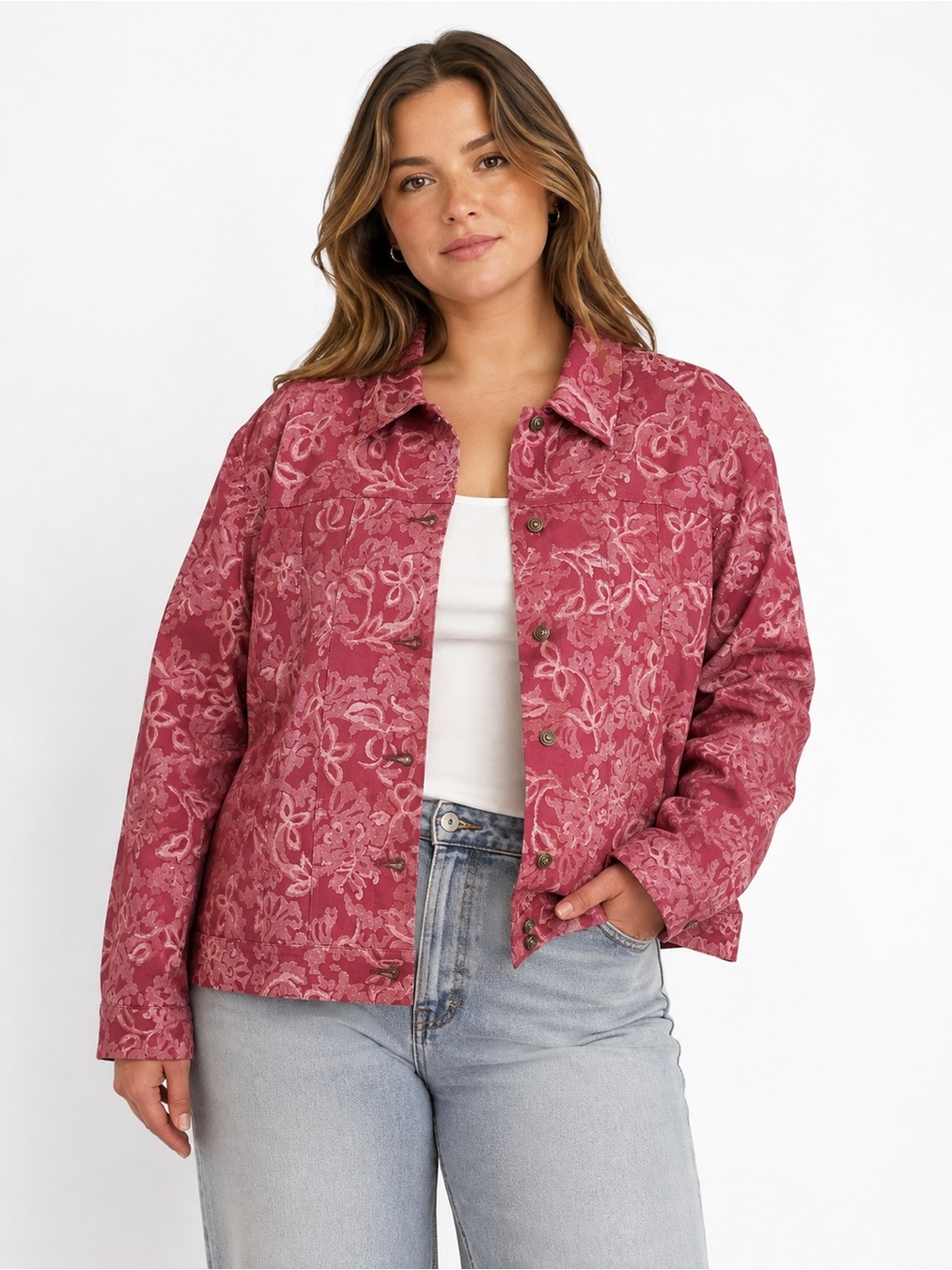 Alfred Dunner Dusty Rose Floral Button-Front Jean Jacket